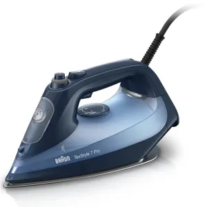 Braun TexStyle 7 Pro steam iron in blue with corded handle, viewed from the side.