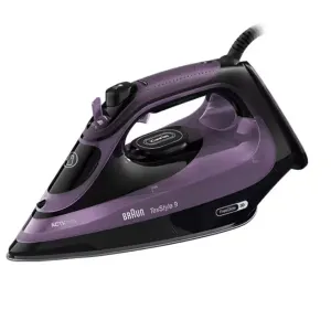 Braun TexStyle 9 steam iron in purple and black with adjustable temperature dial on display side