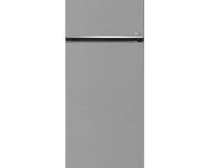 Tall brushed-metal two-door refrigerator (top freezer) by Beko, freestanding kitchen appliance with a slim chrome handle band across the middle.