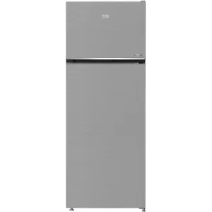 Tall brushed-metal two-door refrigerator (top freezer) by Beko, freestanding kitchen appliance with a slim chrome handle band across the middle.