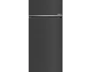 Tall dark gray Beko refrigerator with a top freezer and a bottom fridge section, standing upright with a chrome trim line between compartments