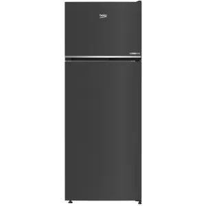 Tall dark gray Beko refrigerator with a top freezer and a bottom fridge section, standing upright with a chrome trim line between compartments