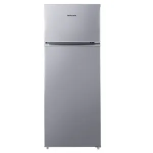 Silver, two-door refrigerator with a top freezer (brand: Skyworth) in a metallic finish.