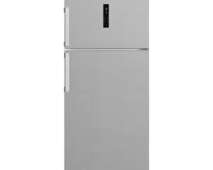 Stainless steel Ariston refrigerator with a top freezer and bottom fridge, vertical left handles and a small digital display on the upper door.