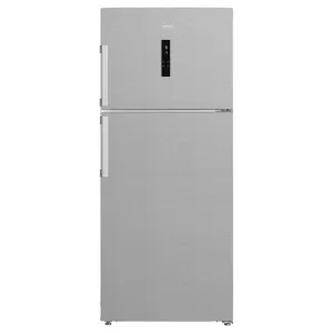 Stainless steel Ariston refrigerator with a top freezer and bottom fridge, vertical left handles and a small digital display on the upper door.