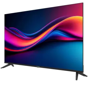 Slim flat-screen TV on angled legs, displaying a vibrant abstract wave wallpaper.