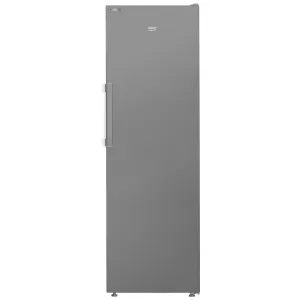 Tall gray freestanding refrigerator with a long vertical left-side handle and brand label at the top.