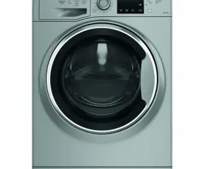 Front-loading washing machine with a large circular door and a digital control panel on the top. (silver/gray finish)