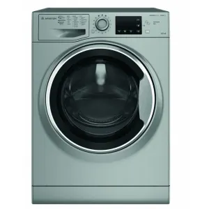 Front-loading washing machine with a large circular door and a digital control panel on the top. (silver/gray finish)