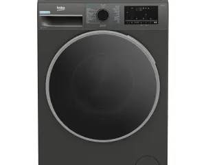 Dark gray front-loading washing machine with a large circular door and a control panel at the top.