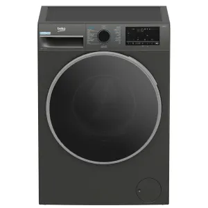 Dark gray front-loading washing machine with a large circular door and a control panel at the top.