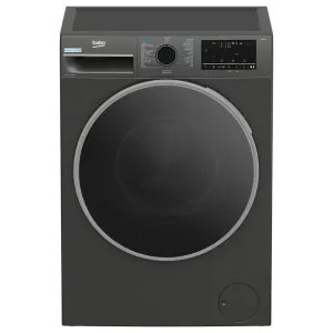 Front-loading Beko washing machine with a large circular door and control panel on top.