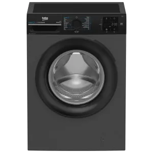 Front-loading washing machine with a dark gray body and a circular glass door, Beko branding on the top left and a multidigit control panel across the top.
