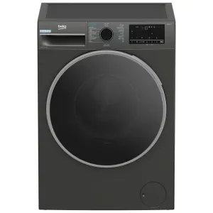 Front-loading dark gray washing machine with large circular door and control panel above it (Beko model). Reinforced with digital display and dial controls at the top.