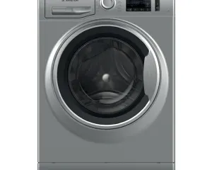 Ariston front-loading washing machine with a circular door and digital control panel on the top right, in silver finish.