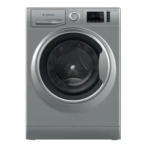 Ariston front-loading washing machine with a circular door and digital control panel on the top right, in silver finish.