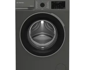 Front-loading Ariston washing machine seen from the front with a round door, control panel on the top and a dark gray finish.