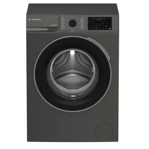 Front-loading Ariston washing machine seen from the front with a round door, control panel on the top and a dark gray finish.