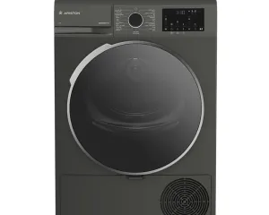dada-0801 - مؤسسة العبقري الصغير للتجارة الالكترونية Front-loading Ariston laundry appliance (washer-dryer) in dark gray with a large circular glass door, control panel on the top front, and a vent at the lower-right corner.