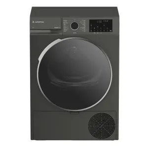 Front-loading Ariston laundry appliance (washer-dryer) in dark gray with a large circular glass door, control panel on the top front, and a vent at the lower-right corner.