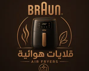 Braun air fryer logo with copper accents and a digital display on a dark brown background, plus steam and leaf graphics around it.