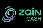 Zain Cash logo: teal wordmark with a teal and purple swirl icon on a black background.