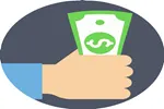 Hand holding a bundle of green dollar bills in front of a dark oval background