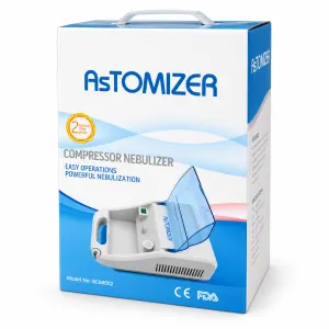 Box packaging for an Astomizer compressor nebulizer with blue and white design, showing the device and text: 'COMPRESSOR NEBULIZER' and 'Easy Operations Powerful Nebulization'