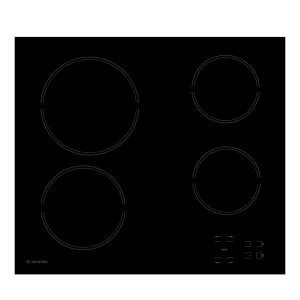Black glass-ceramic cooktop with four circular burners (two large on left, two smaller on right) and touch controls in the bottom-right; Ariston logo in bottom-left.