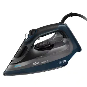 Braun TexStyle 9 steam iron with blue body, transparent water tank, and power cord trailing to the right