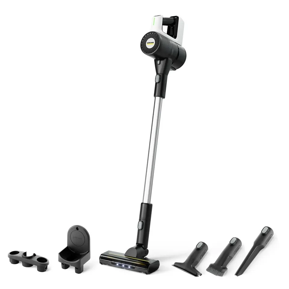 dada-0805 - مؤسسة العبقري الصغير للتجارة الالكترونية Cordless stick vacuum with a long wand and multiple cleaning attachments laid out on a white background.