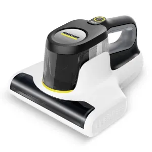 Kärcher handheld steam cleaner with a transparent water tank and black front cleaning nozzle on a white base.