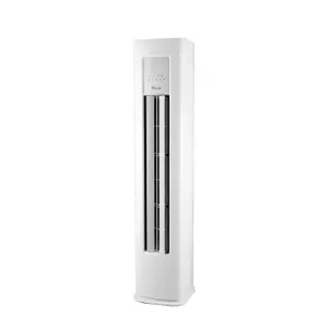 White tall standing tower fan with vertical grill and slim, curved base, for room cooling (brand Atlas visible).