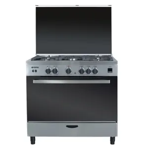 Stainless steel freestanding gas range with open hood, five burners, front control knobs, and a bottom storage drawer