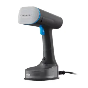 Gray handheld garment steamer with blue trigger, attached to a circular base and power cord (Braun) used for smoothing fabrics