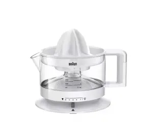 dada-0810 - مؤسسة العبقري الصغير للتجارة الالكترونية White Braun citrus juicer with a reamer on top, glass juice container, and base.