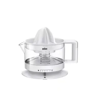 White Braun citrus juicer with a reamer on top, glass juice container, and base.