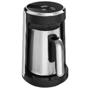 Stainless steel coffee carafe with black lid and handle, part of a coffee maker