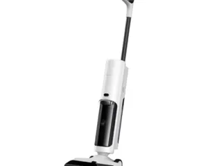 Cordless stick vacuum cleaner with a white and black body and a long wand, shown upright with a floor brush head.