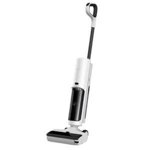 Cordless stick vacuum cleaner with a white and black body and a long wand, shown upright with a floor brush head.