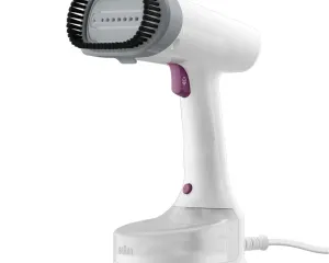 Handheld fabric steamer with a black-bristled brush head and purple trigger