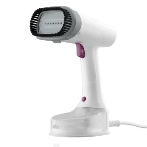 Handheld fabric steamer with a black-bristled brush head and purple trigger