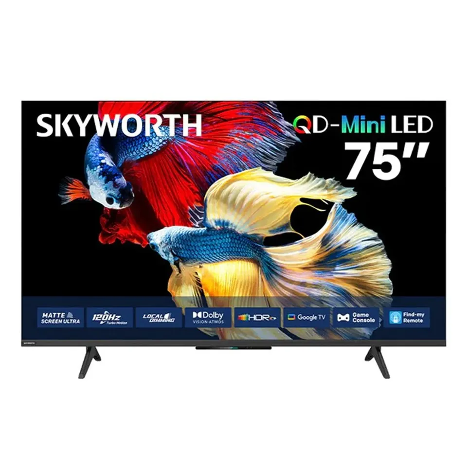 dada-0815 - مؤسسة العبقري الصغير للتجارة الالكترونية 75-inch Skyworth QD-Mini LED TV on a stand, displaying a vibrant fish wallpaper with feature badges along the bottom edge.