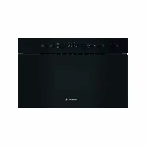 Black Ariston built-in oven with a slim top control panel and digital clock display on the front.