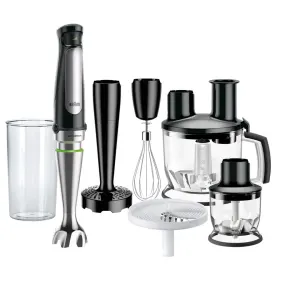 Braun multi-attachment hand blender kit with stick blender, whisk, chopper, juicer, and pitcher on a white background