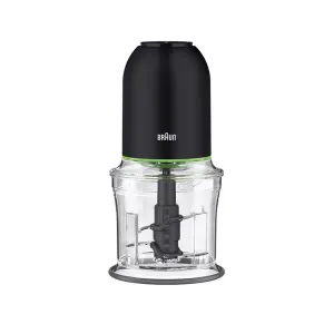 Braun compact personal blender with a clear pitcher and black motor housing with a green accent ring at the base of the lid area.”,