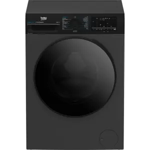 Front-loading dark gray washing machine with a black control panel and a circular door window, brand 'beko' visible on the top left.