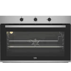Beko stainless steel oven with glass door and three control knobs on the silver panel above the cavity.
