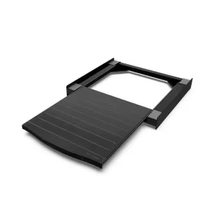 A black treadmill base with a wide running belt and side rails, shown from an angled view.
