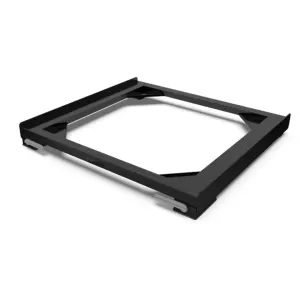 Black metal square drive-mount frame with corner supports, likely a hard drive cage or sled for a computer bay